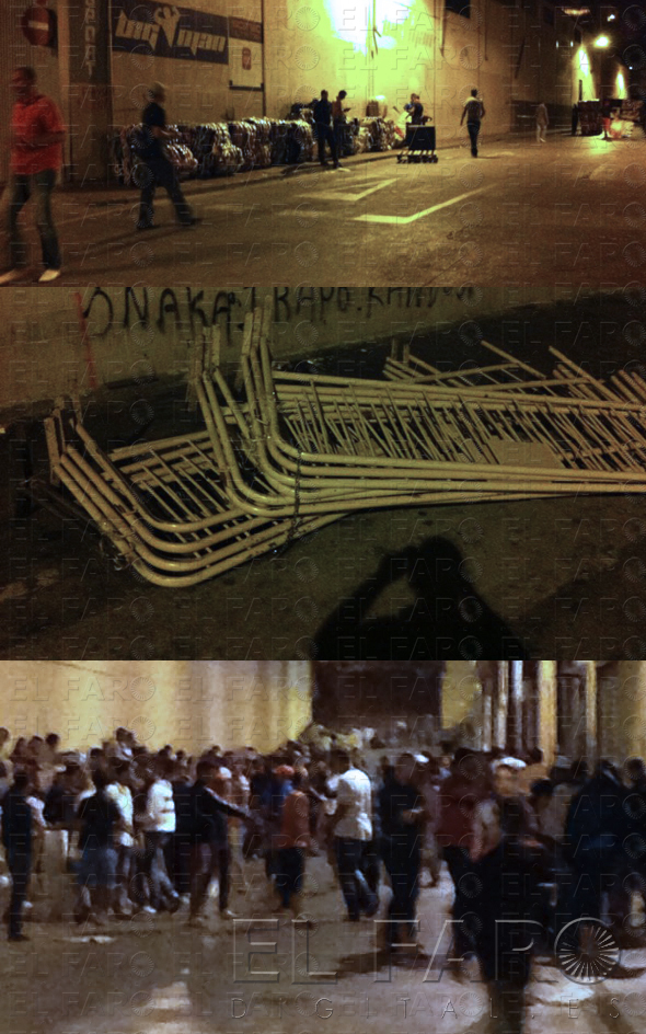 De arriba a abajo, bultos preparados; vallas tiradas e imagen de la madrugada.