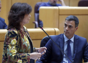 La vicepresidenta del Gobierno, Carmen Calvo (i), junto al presidente del Gobierno, Pedro Sánchez (d), durante su intervención en la sesión de control del Gobierno que tiene lugar esta tarde en el Senado. EFE/Kiko Huesca