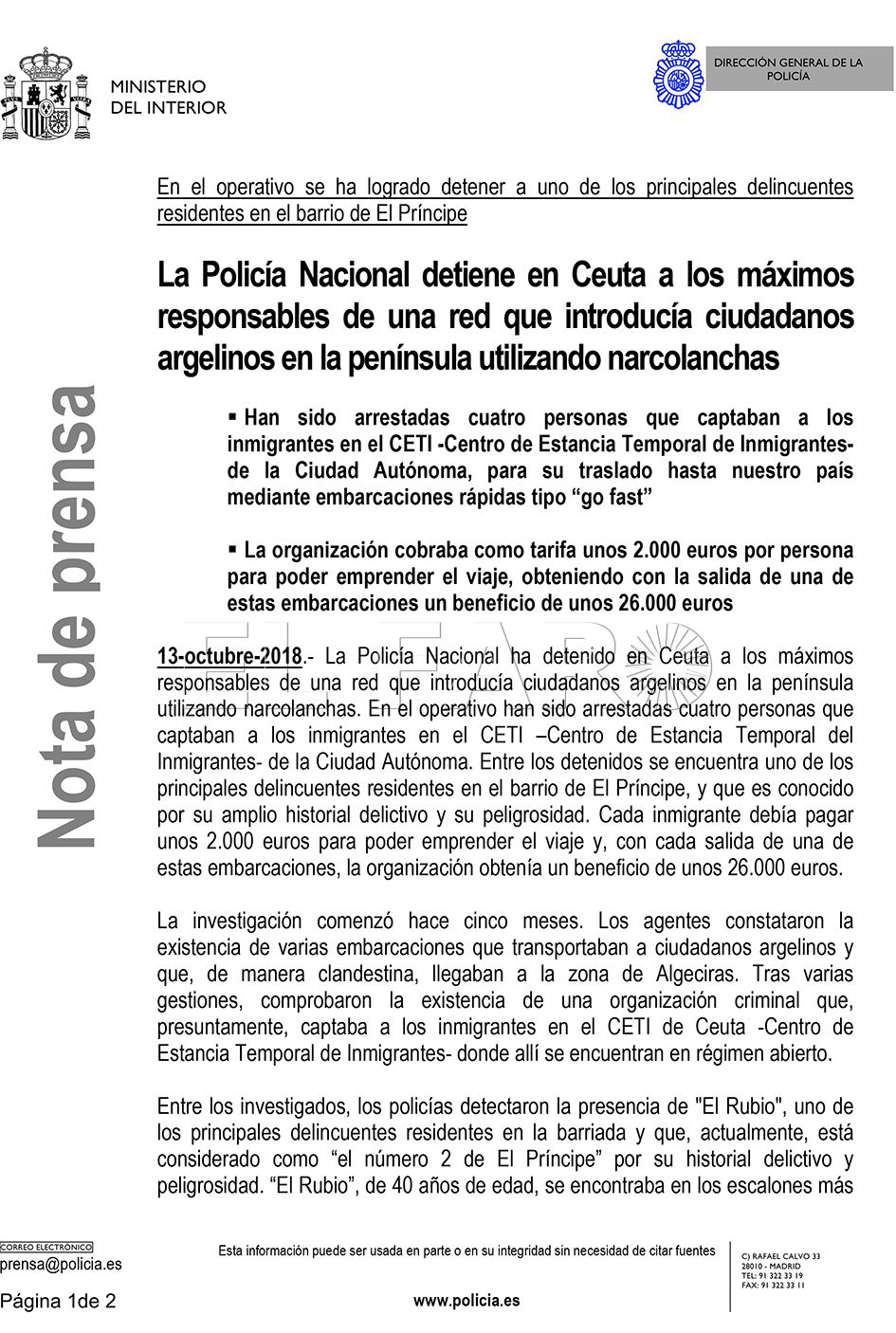 Nota de prensa que difundió en octubre de 2018 la Dirección General de la Policía.