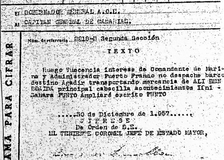 Documento ordenando la intervención de un buque que transportaba mercancía de Ali Ben Boaida para el suministro de las bandas rebeldes