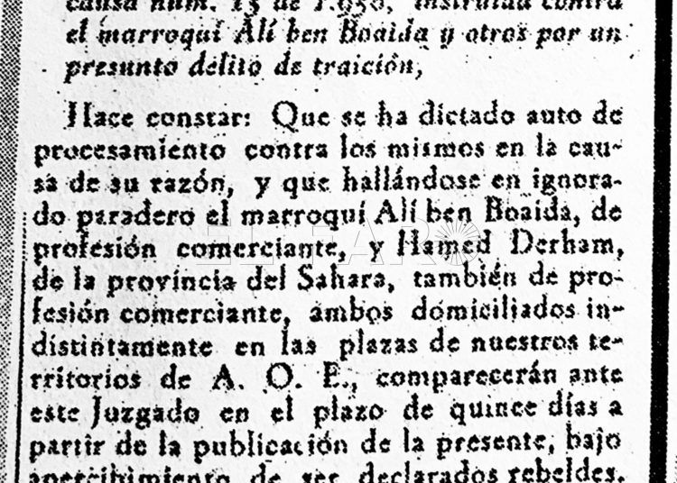 Edicto del juzgado militar permanente ordenando la detención del comerciante Ali Ben Boaida por 'traición'