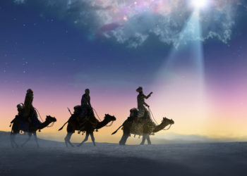 Christian Christmas scene with the three wise men and shining star, 3d 

render