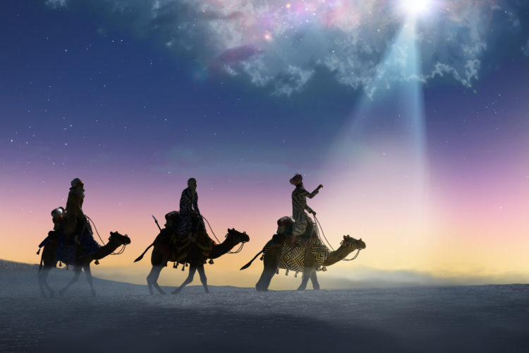 Christian Christmas scene with the three wise men and shining star, 3d
render