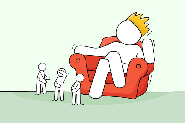 Sketch scene with big king and little people. Doodle miniature about power. Hand drawn cartoon vector illustration for business design.